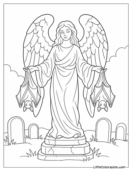 Graveyard Statue of an Angel With Cracked Wings and Bats Hanging From Her Arms Coloring Page