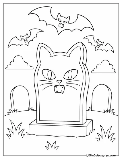 Graveyard Tombstone Shaped Like a Cat With Glowing Eyes and Hissing Bats Overhead Coloring Page