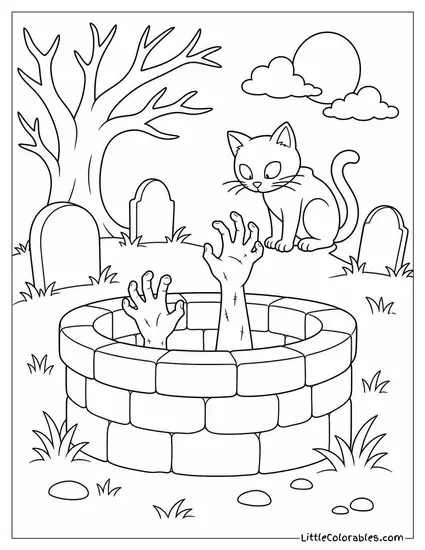 Graveyard Well With Spooky Hands Climbing Out and a Black Cat Watching From the Edge Coloring Page
