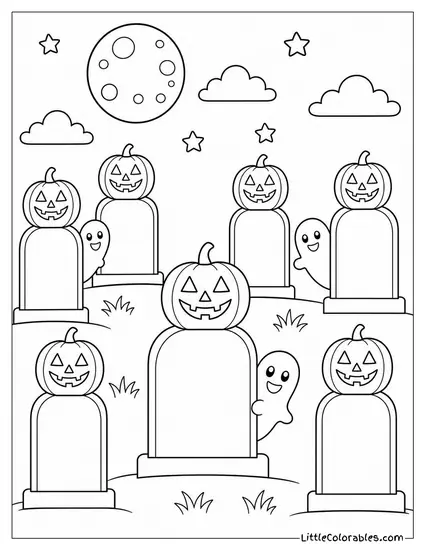 Graveyard Where Every Tombstone Has a Jack O Lantern Glowing on Top and a Ghost Peeking Out Coloring Page