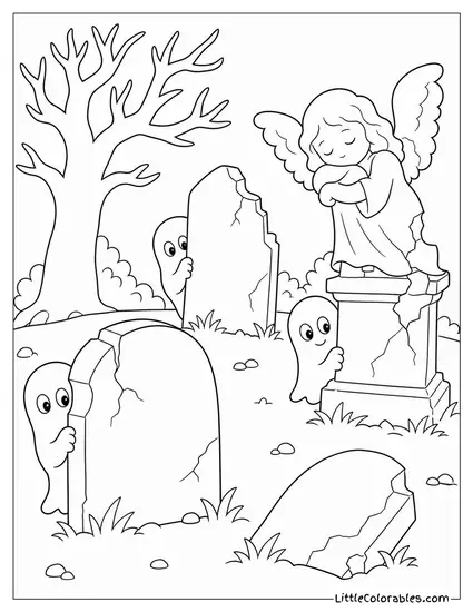Graveyard Where Ghosts Play Hide and Seek Behind Broken Headstones and a Crumbling Angel Coloring Page
