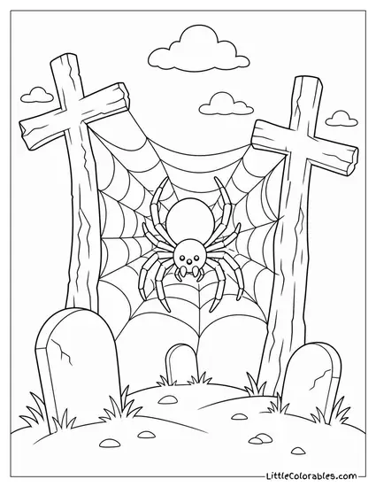 Graveyard With a Giant Spider Web Between Two Crooked Crosses and a Huge Spider Waiting Coloring Page