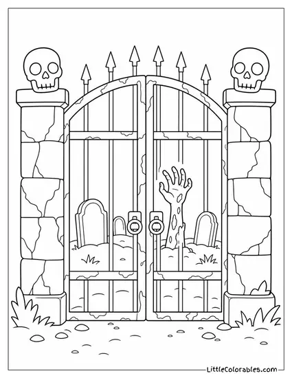 Graveyard With a Rusty Gate Topped With Skulls and a Zombie Hand Waving From the Bars Coloring Page