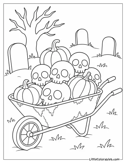Graveyard With a Rusty Wheelbarrow Filled With Skulls and Pumpkins Coloring Page