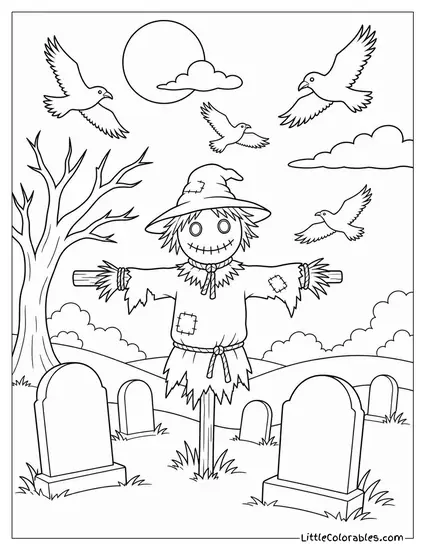 Graveyard With a Scarecrow Watching Over the Tombstones as Crows Swirl in the Sky Coloring Page
