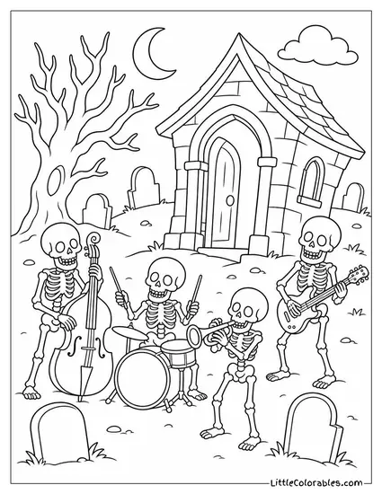 Graveyard With a Skeleton Band Playing Instruments Beside a Crooked Mausoleum Coloring Page
