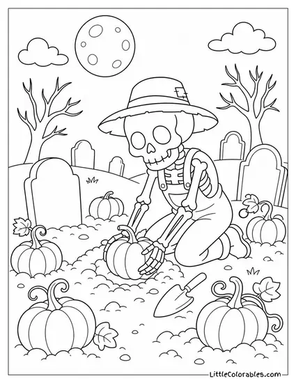 Graveyard With a Skeleton Gardener Planting Pumpkins Over the Graves Coloring Page