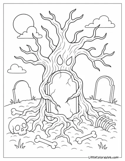 Graveyard With a Spooky Tree Growing Through a Tombstone and Roots Wrapped Around Bones Coloring Page