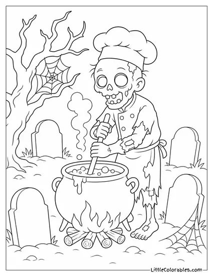Graveyard With a Zombie Chef Cooking Over a Cauldron and Tombstones With Cobwebs Coloring Page