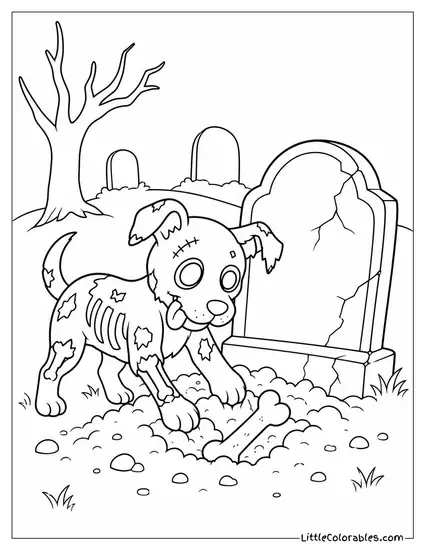 Graveyard With a Zombie Dog Digging Up a Bone Beside a Cracked Tombstone Coloring Page