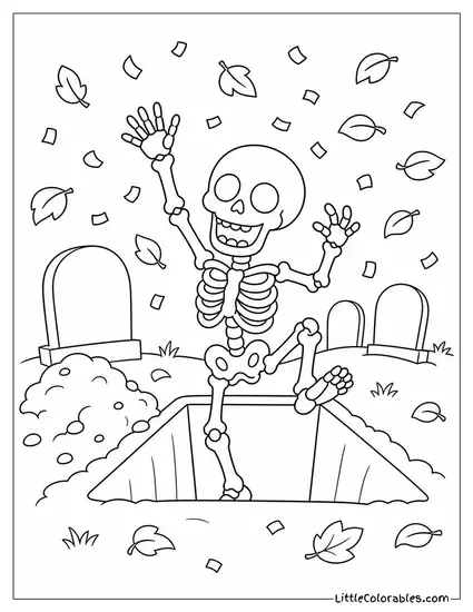 Graveyard With an Open Grave With a Dancing Skeleton Popping Up and Confetti of Leaves Coloring Page