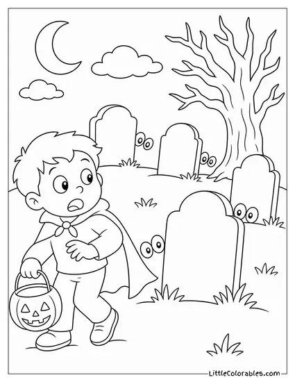 Graveyard With Glowing Eyes Hiding Behind Tombstones and a Startled Trick or Treater Coloring Page