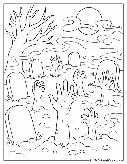 Graveyard With Hands Reaching Out of the Ground in a Wave as Fog Swirls Coloring Page