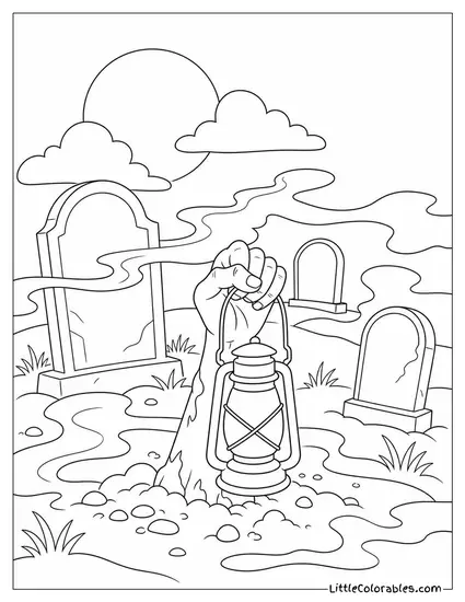Graveyard With Mist Curling Around Tombstones and a Hand Holding a Lantern Rising From the Ground Coloring Page