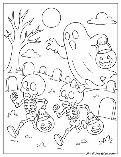 Graveyard With Skeleton Trick or Treaters Running Away From a Ghost Holding a Candy Bag Coloring Page