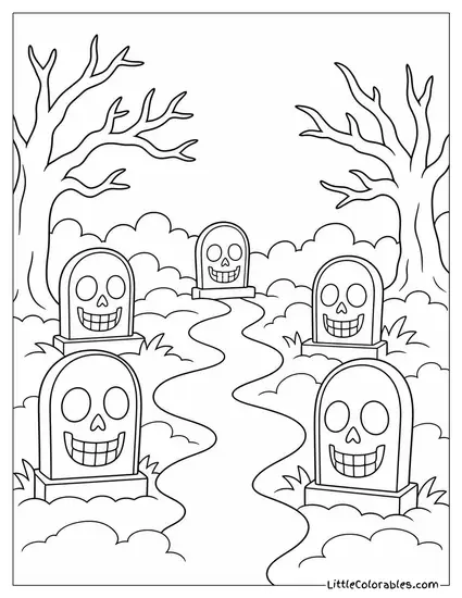 Graveyard With Tombstones Shaped Like Grinning Skulls and a Fog Covered Path Coloring Page