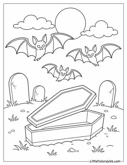 Graveyard With Vampire Bats Circling Over a Coffin Lid Opening Slowly Coloring Page