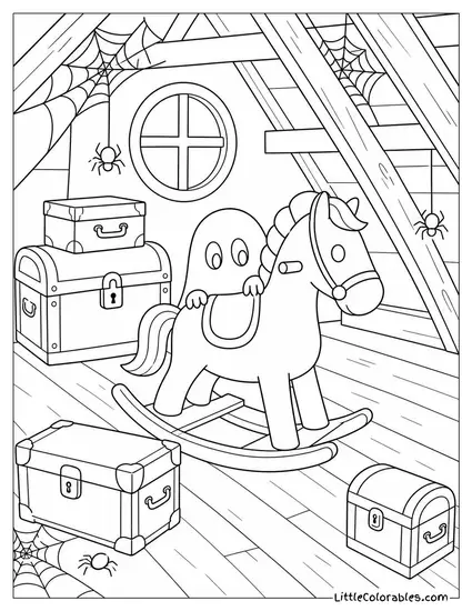 Haunted House Attic Full of Old Trunks, Spiders and a Ghost Hiding in a Rocking Horse Coloring Page