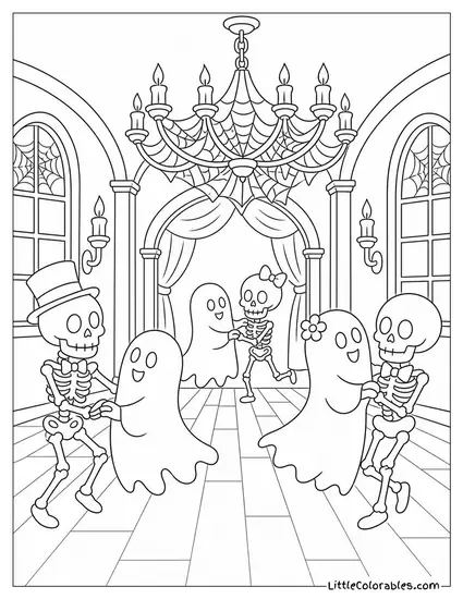 Haunted House Ballroom Where Skeletons and Ghosts Dance Under a Cobweb Chandelier Coloring Page