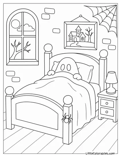 Haunted House Bedroom with a Ghost Under the Covers and a Spider Crawling Up the Bedpost Coloring Page