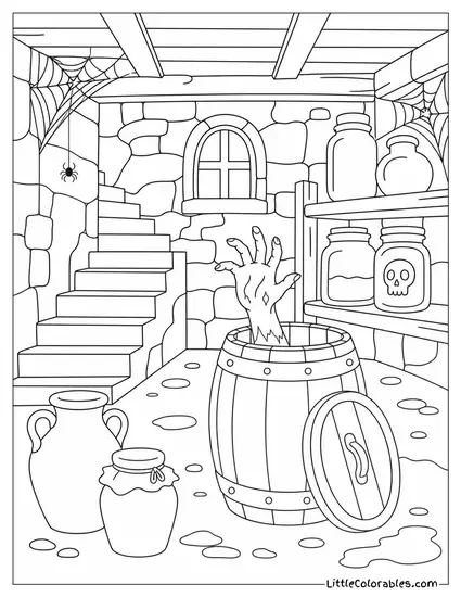 Haunted House Cellar with Dusty Jars, Cobwebs and a Zombie Hand Reaching from a Barrel Coloring Page