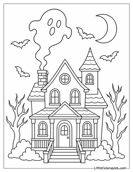 Haunted House Chimney Puffing Out Smoke Shaped Like a Ghost as Bats Swirl Around It Coloring Page