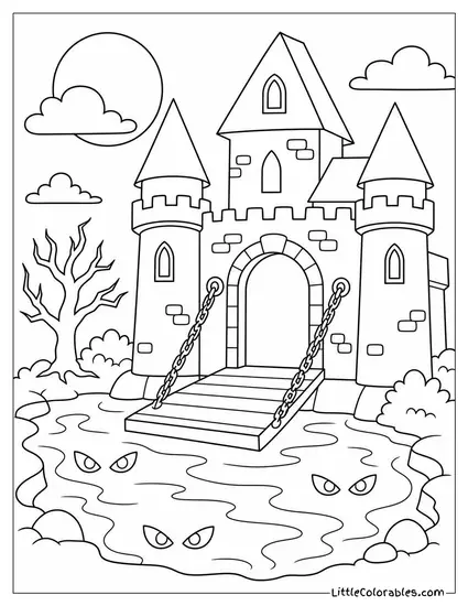 Haunted House Drawbridge Lowering Over a Foggy Moat with Glowing Eyes in the Water Coloring Page