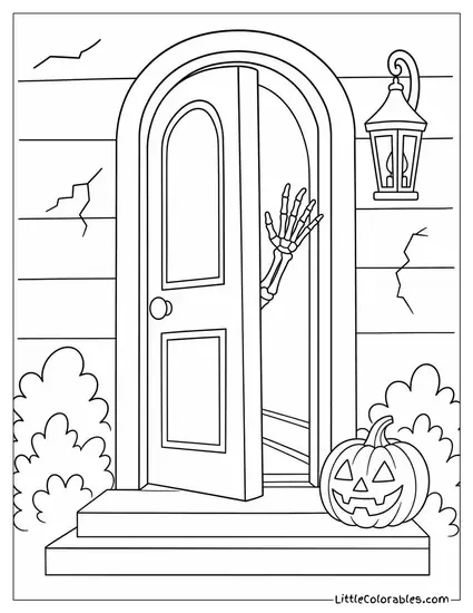 Haunted House Front Door Creaking Open with a Skeletal Hand Waving from the Dark Gap Coloring Page