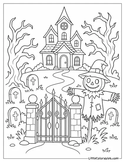 Haunted House Garden with Twisted Dead Trees, Tombstones and a Scarecrow Guarding the Gate Coloring Page