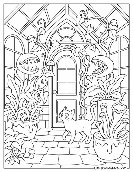 Haunted House Greenhouse Overgrown with Giant Creepy Plants and a Curious Black Cat Inside Coloring Page
