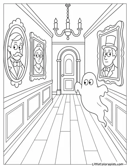 Haunted House Hallway with Portraits Whose Eyes Follow You and a Ghost Floating Past Coloring Page