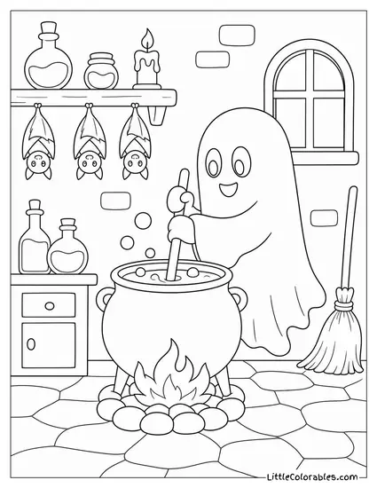 Haunted House Kitchen with a Bubbling Cauldron, Hanging Bats and a Ghost Stirring the Pot Coloring Page