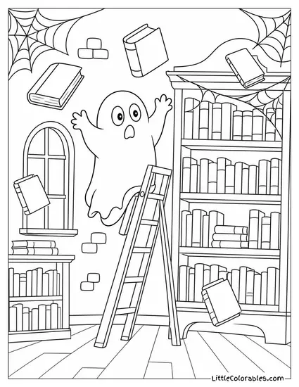 Haunted House Library with Floating Books, Cobwebs and a Startled Ghost on a Ladder Coloring Page