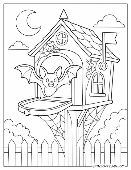Haunted House Mailbox Overflowing with Cobwebs and a Bat Popping Out of the Slot Coloring Page