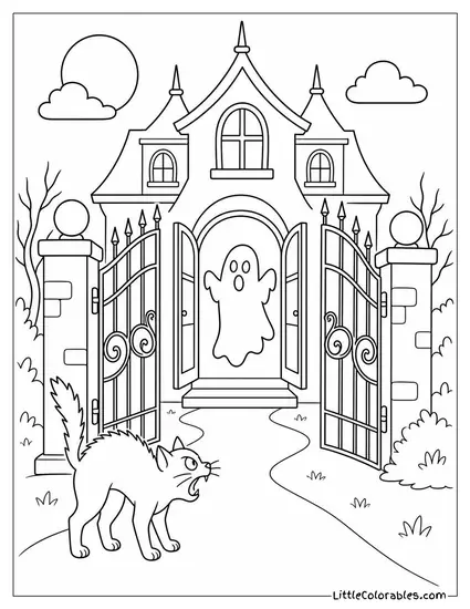 Haunted House Mansion Gate Swinging Open as a Black Cat Hisses at the Ghost Inside Coloring Page