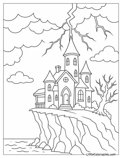 Haunted House on a Cliff During a Thunderstorm with Lightning Striking the Tallest Tower Coloring Page