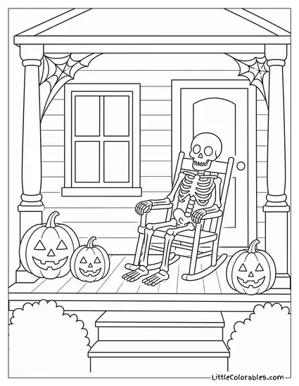Haunted House Porch Decorated with Cobwebs, Pumpkins and a Skeleton Sitting in a Rocking Chair Coloring Page