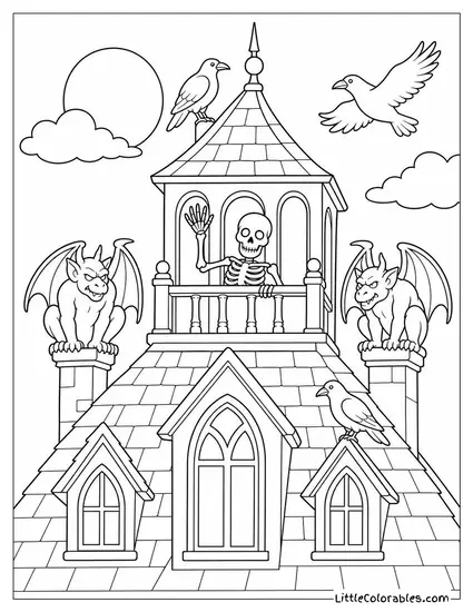 Haunted House Roof with Gargoyles, Crows and a Skeleton Waving from the Widow's Walk Coloring Page