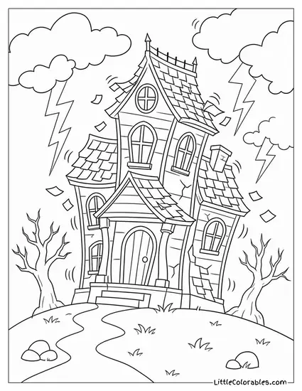 Haunted House Shaking with Loose Shingles Flying Off Under a Stormy Lightning Sky Coloring Page