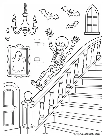 Haunted House Staircase with a Skeleton Sliding Down the Banister as Bats Fly Overhead Coloring Page