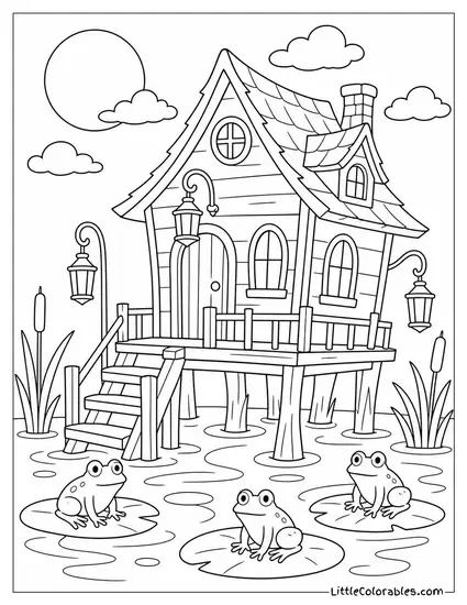 Haunted House Swamp Cottage on Stilts with Fog, Frogs and Glowing Lanterns Coloring Page