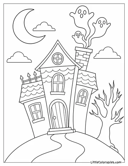 Haunted House Tilting Sideways on a Hill as Ghosts Pour Out of the Chimney Coloring Page