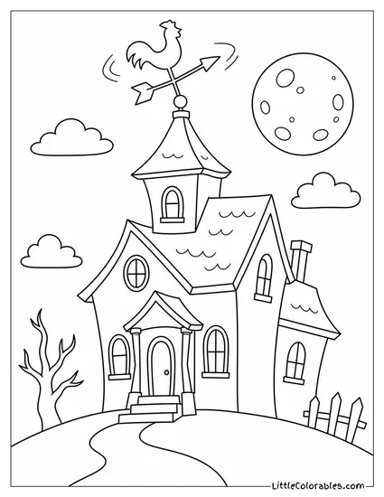 Haunted House with a Crooked Weathervane Spinning in the Wind Beside a Full Moon Coloring Page