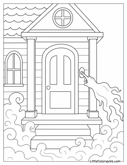 Haunted House with a Ghostly Hand Ringing the Doorbell as Fog Creeps Across the Porch Coloring Page