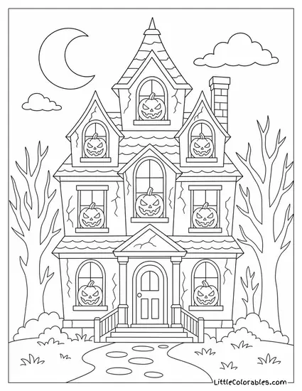 Haunted House with a Giant Jack O Lantern Glowing in Every Cracked Window Coloring Page