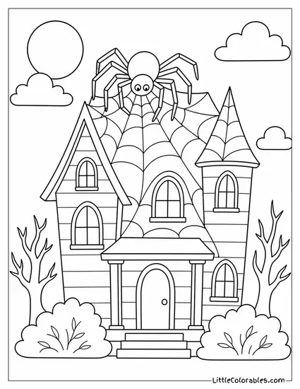 Haunted House with a Giant Spiderweb Draped Over the Roof and a Huge Spider on Top Coloring Page