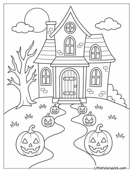 Haunted House with a Jack O Lantern Trail Leading Up to a Creaking Front Door Coloring Page