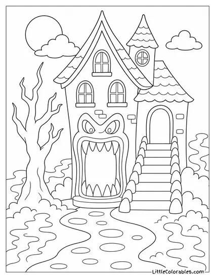 Haunted House with a Monster Mouth Doorway and Stair Teeth Beside a Foggy Path Coloring Page