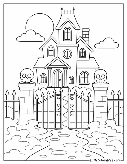 Haunted House with a Rusty Iron Fence, Skull Topped Posts and a Fog Covered Path Coloring Page