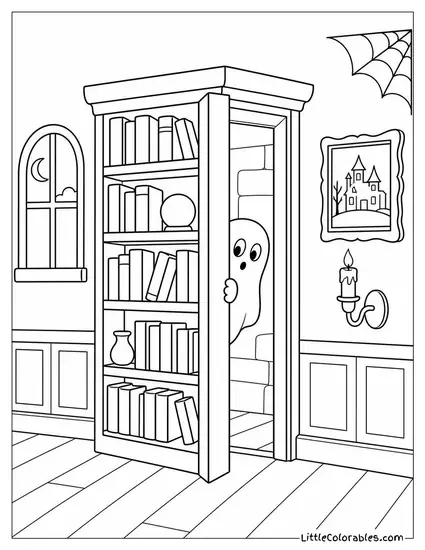Haunted House with a Secret Door Behind a Bookcase and a Ghost Peeking Through the Gap Coloring Page